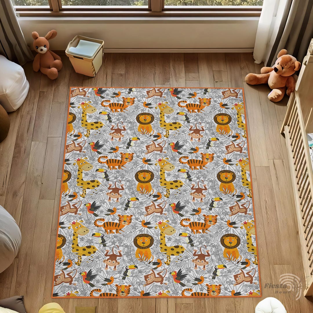 Safari Baby Room Rug: Tropical Animals, Non-slip Nursery Mat - Etsy