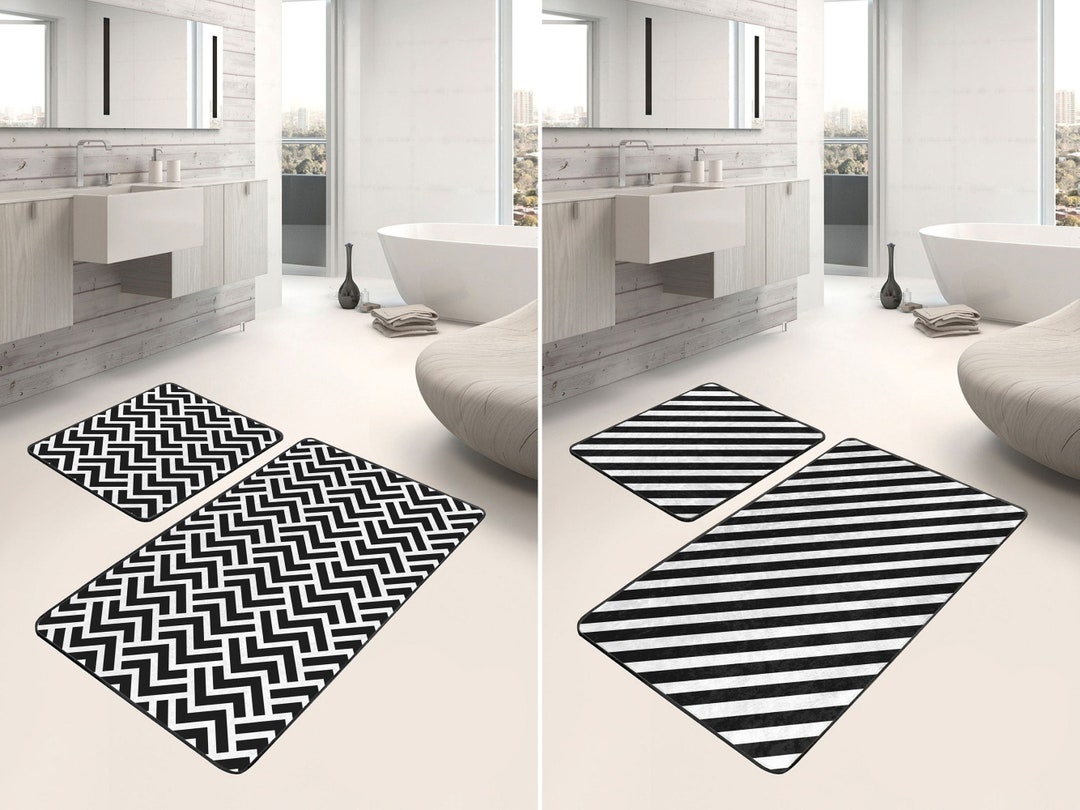 Set of 2 Black and White Bath Mat, Non Slip Shower Entrance Mat, Zigzag Bathroom Rug, Stripes ...