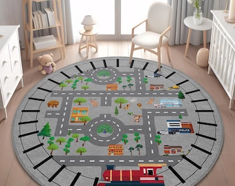 Runder Spielteppich mit Eisenbahnmotiv für Kinder, rutschfeste Spielmatte, Kinderzimmerdekoration