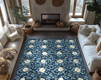 Alfombra William Morris: Diseño floral azul - Lavable, base antideslizante