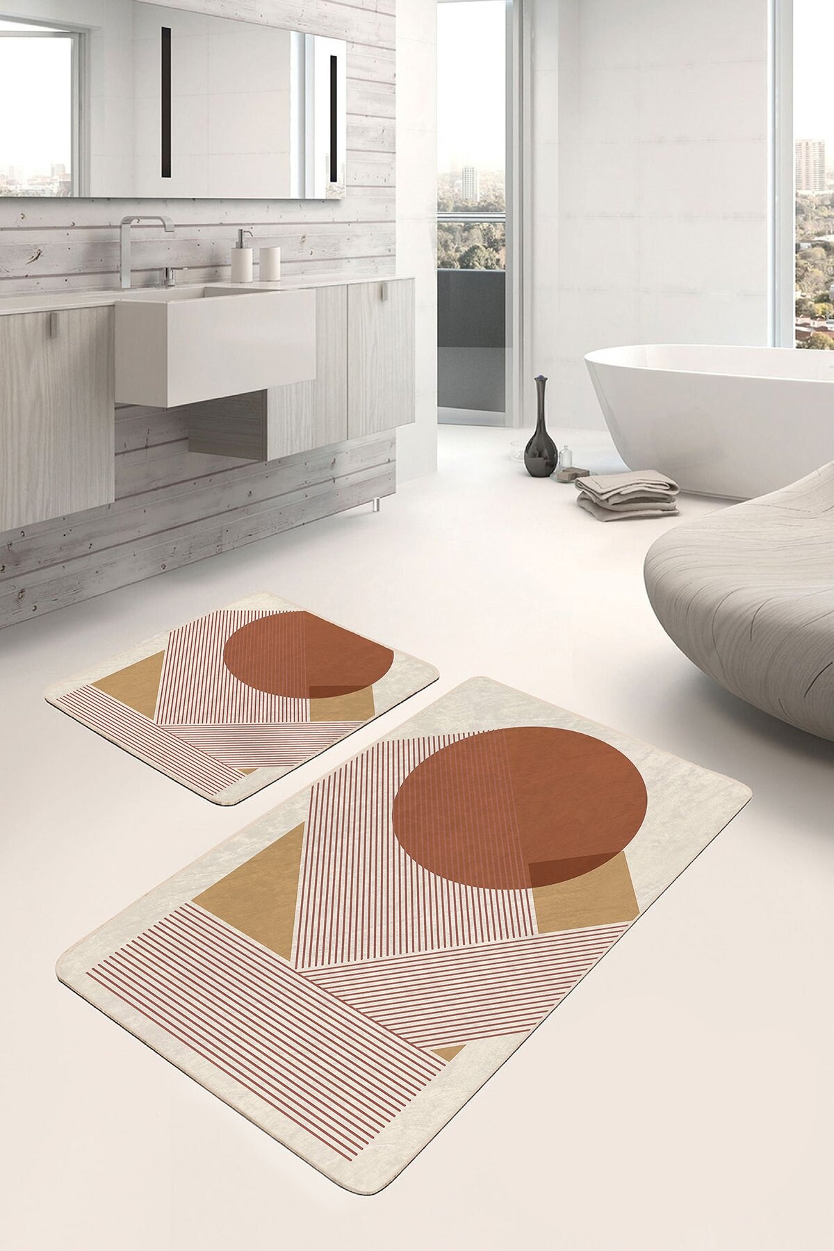 Abstract Sun Bath Mat, Stripes Bath Rug, Beige Non Slip Floor Mat, Mid Century Bathroom Rug, Bohemian Kitchen Mat, Shower Entrance Mat