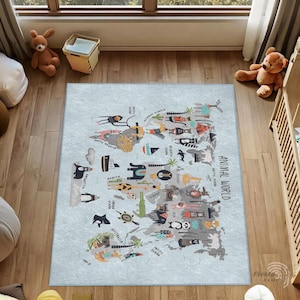 Tapis pour chambre d'enfant carte du monde animal, tapis éducatif pour chambre d'enfants, tapis antidérapant pour tout-petit, tapis aventure pour enfants, tapis pour salle de classe, tapis de jeu lavables