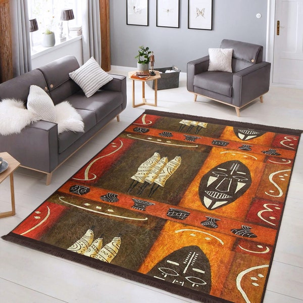 Ethnischer Stil Teppich, Afrikanischer Design Antirutsch Teppich, Afrikanischer Masken Wohnzimmer Teppich, Orange und Brauner Küchenteppich, Boho Teppich Läufer