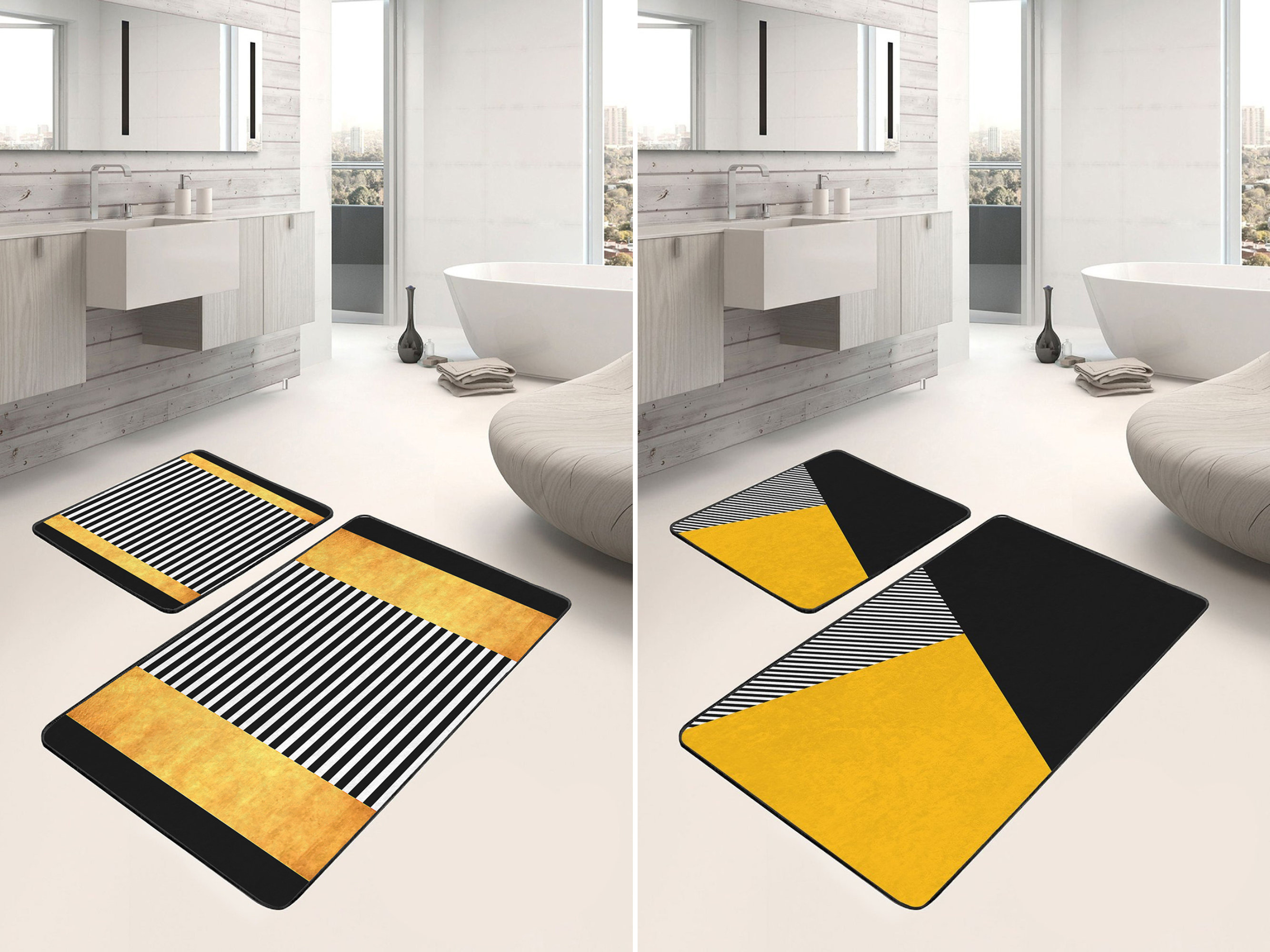 Modern Bathroom Bath Mat Set: Black \u0026 Yellow Abstract Design - Etsy, image size:2667x2000