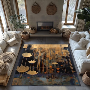 May include: A black and gold area rug with a floral design featuring stylised lotus flowers and a geometric pattern. The rug has a dark background with gold accents and a subtle blue and purple undertone.