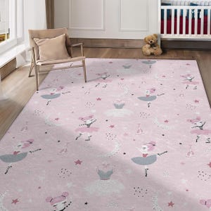 Little Ballerina Nursery Rug, Anti-Slip Girl&#39;s Room Rug, Ballerina Girls Kids Carpet, Moon and Stars Toddler Girl Rug, Pink Baby Room Decor