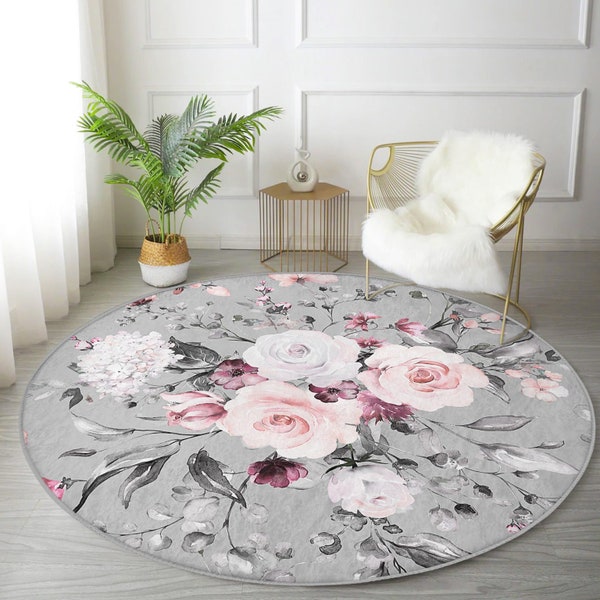 Rose and Hydrangea Round Rug, Floral Anti Slip Circle Rug, Gray Rugs for Living Room, Nature Theme Area Rugs, Pink Rose Round Carpet