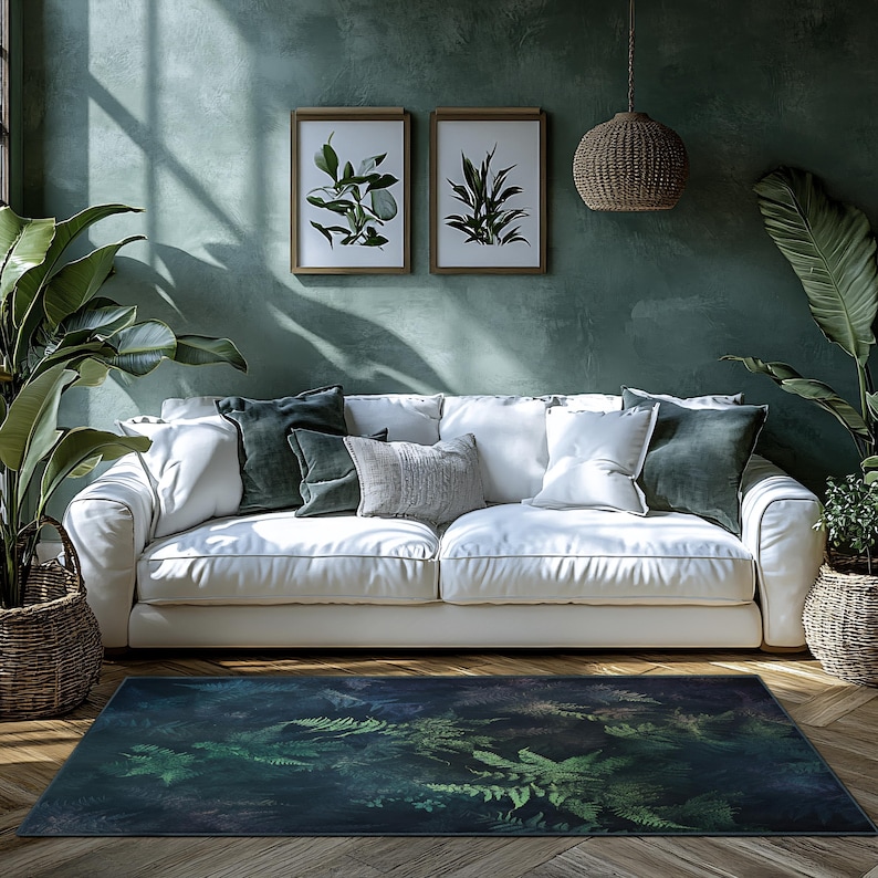 Living Room Rug: Tropical Emerald Fern Leaves - Durable, Machine ...