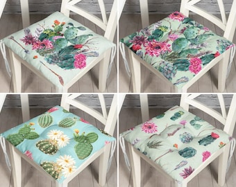 Cactus Outdoor Chair Pad, Cactus Patio Seat Pads, Kitchen Puffy Cushion, Seat Pad With Ties, Garden Patio Decoration, Cactus Theme Chair Mat