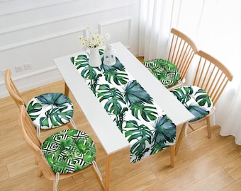 Tropical Leaves Table Runner & Round Seat Cushion Set, Green Black White Zigzag Dining Table Decor and Seat Pads, Chic Outdoor Chair Cushion