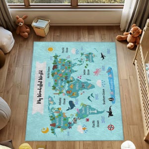 Blaue Kinder Weltkarte Teppich, Tiere Karte Klassenzimmer Teppich, Weltkarte mit berühmten Sehenswürdigkeiten Teppich, rutschfeste Kontinente und Ozeane Teppich, Kinderzimmer Dekor