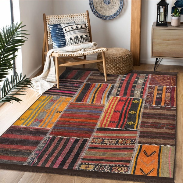 Tapis ethniques, tapis antidérapant de style patchwork, tapis de salon Boho, coureur de couloir du sud-ouest, tapis de sol de cuisine design vintage