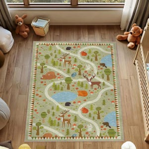 Waldtiere Teppich, Waldtiere, Waldtiere, Kinderzimmer Teppich, rutschfeste Kinderspielmatte, Woodland Aktivitätsteppich, Woodland Road Kleinkind Bodenmatte