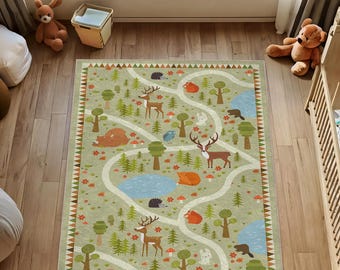 Woodland Nursery Rug: Forest Animals Design (Soft Velvet, Machine Washable)