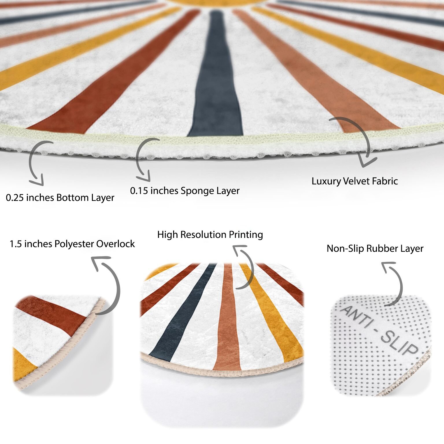 Sun and Sunshine Round Rug, Retro Circle Rug, Anti Slip Bohemian Round