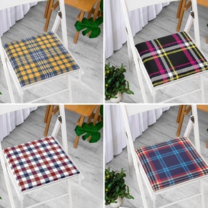 Checkered Pattern Seat Cover with Ties, Plaid Kitchen Seat Pad, Chequer Style Cushion Dining Room Chair Cushion, Farmhouse Wicker Chair Pad