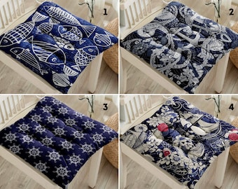 Water Resistant Marine Design Chair Pads, Puffy Navy Blue Seat Cushion, Wheel Chair Cushion, Fish Seat Pads, Nautical Kitchen Cushion Pads