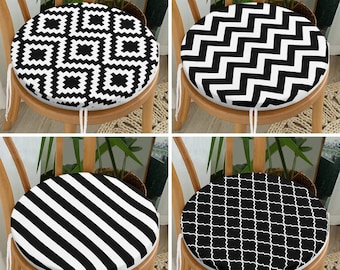Black White Geometric Style Chair Cushion with Ties, Zippered Set of 4 Chair Pad, Striped Outdoor Round Seat Cushion, Zigzag Patio Seat Pads