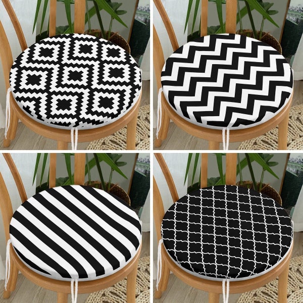 Black White Geometric Style Chair Cushion with Ties, Zippered Set of 4 Chair Pad, Striped Outdoor Round Seat Cushion, Zigzag Patio Seat Pads