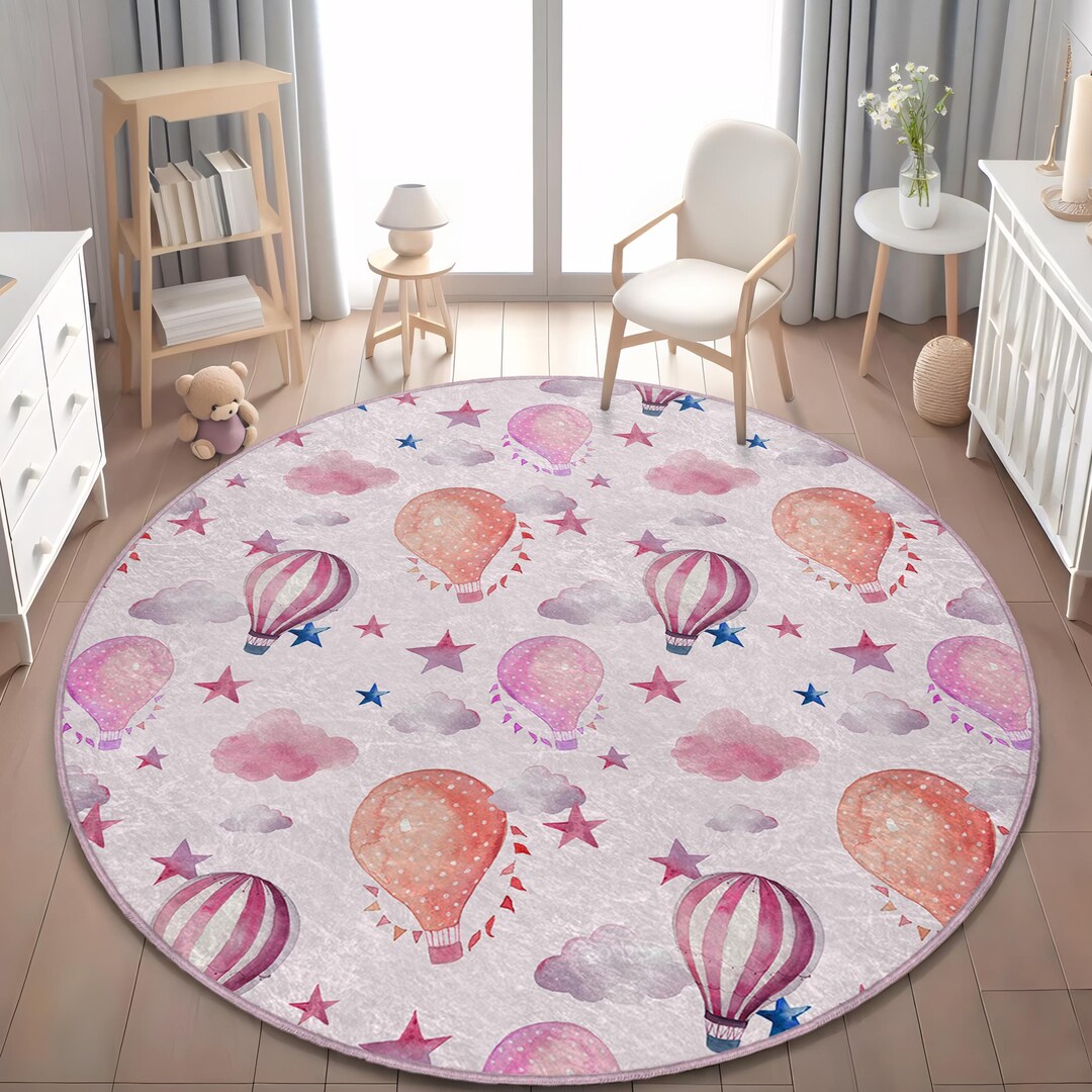 Pink Hot Air Balloon Rug - Circular Kids Play Mat for Nursery - Etsy