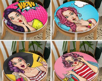Pop Art Girl Design Round Chair Pads with Ties, Lovely Girl Set of Seat Covers, Unique Beauty Style Chair Cushion, Sweet Girl Cushion Pad
