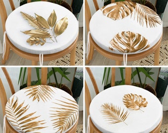 Gold Palm Leaves Round Chair Pads with Ties, Tropical Leaves Set of 4 Seat Covers, Monstera Leaves Style Chair Cushions, Modern Home Decor