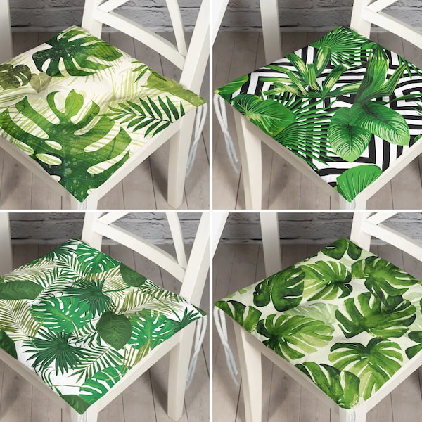 Monstera Leaves & Areca Palm Leaves Puffy Cushions, Luxe Banana Leaf Style Seat Cushion, Green Tropical Leaves Kitchen Chair Pad With Ties