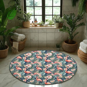 Flamingo Round Rug, Anti-Slip Tropical Paradise Carpet, Exotic Flowers Bedroom Round Mat, Tropical Plants Rug, Flamingo Rug for Kitchen