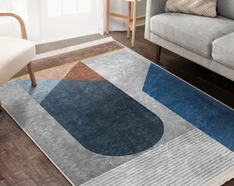 Abstract Area Rug, Geometric Anti-Slip Rugs, Modern Living Room Rug, Blue & Gray Hall Rug with Fringe, Modern Kitchen Rug, Blue Office Mat