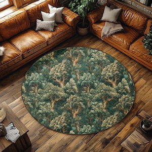 Woodland Tree Circular Rug, Green Velvet Surface (Non-Slip, Washable)