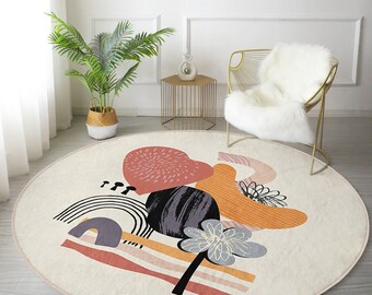 Abstract Round Rug, Anti Slip Circle Rug, Bohemian Floor Carpet, Decorative Round Carpet, Trendy Living Room Rug, Multi-Purpose Carpet