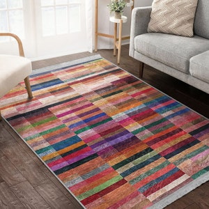 Bold Stripes Area Rug, Colorful Anti-Slip Carpet, Patchwork Pattern Rug, Multicolor Bedroom Rug, Colorful Entryway Rug, Multi Purpose Carpet