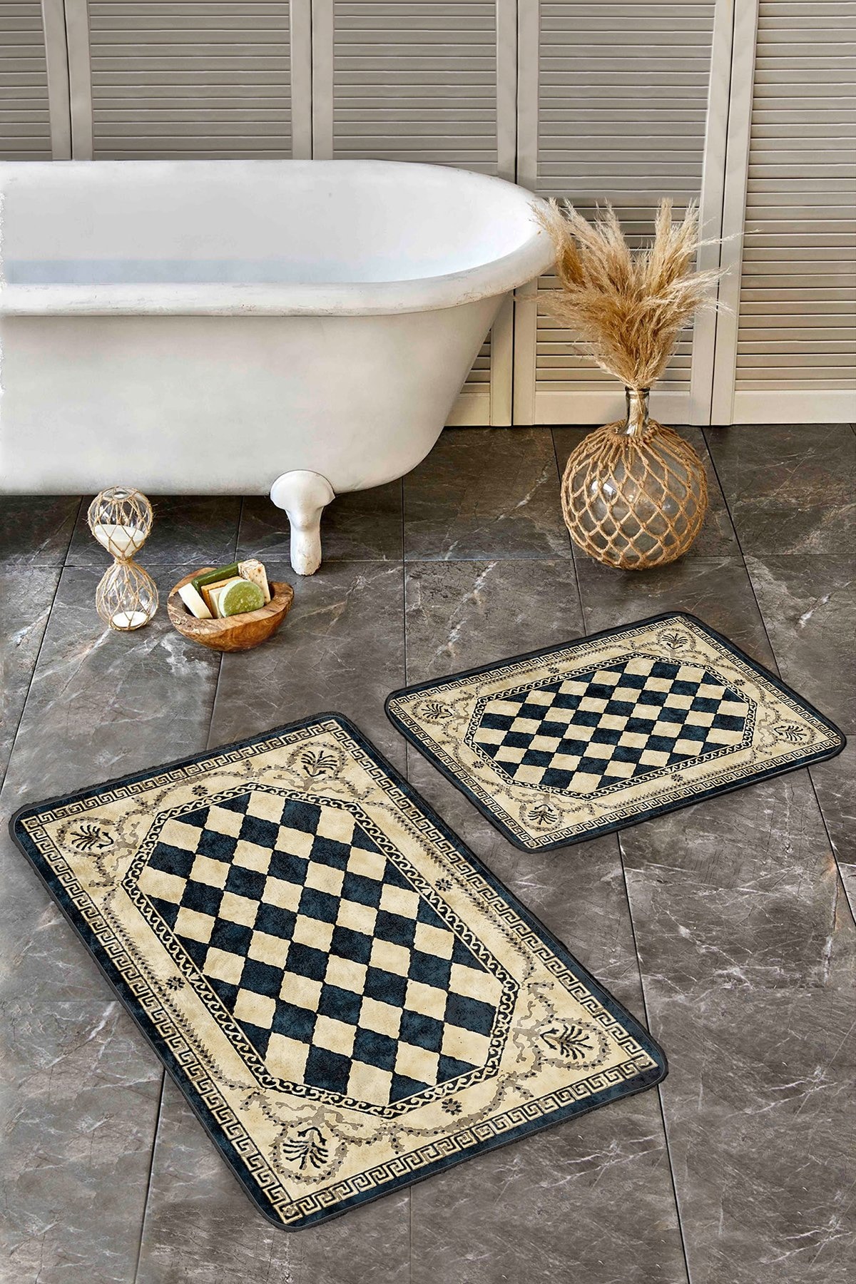 Vintage Bathroom Mat Set - Checkered Pattern, Soft and Washable - Etsy