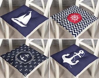 Navy Blue Sea Theme Dining Seat Pad with Ties, Boat Design Outdoor Chair Pads, Rudder Chair Cushion, Anchor Seat Cushion, Yacht Decorations