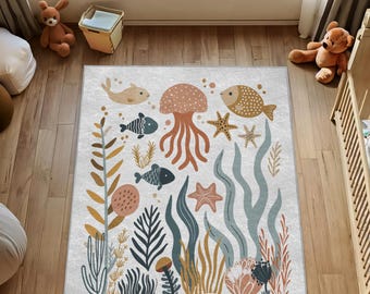 Sea Animal Nursery Rug: Coastal Ocean Theme (Machine Washable)