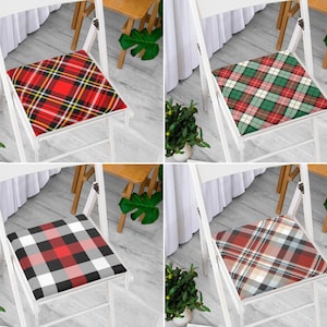 Nonslip Plaid Pattern Chair Cushion with Ties, Chic Tartan Seat Pad, Checkered Cushion for Dining Room Chair, Comfortable Rocking Chair Pads