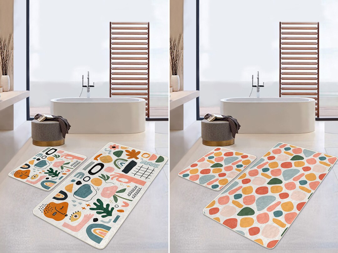 Abstract Bath Rug Set of 2, Colorful Bath Mat, Abstract Shapes Floor
