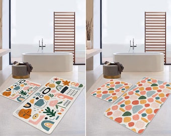 Abstract Bath Rug Set of 2, Colorful Bath Mat, Abstract Shapes Floor Mats, Boho Non Slip Bathroom Rug, Soft Bathroom Mat, Washable Door Mats