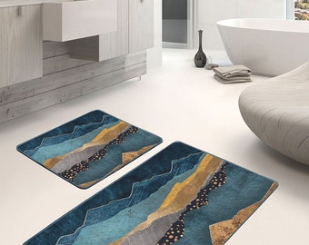 Mountain View Bath Mat Set of 2, Artistic Non Slip Bath Rug, Marble Style Floor Mat, Abstract Landscape Bathroom Rug, Nature Bathroom Decor