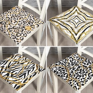 Gold Black Cheetah Style Puffy Chair Cushion, Modern Kitchen Seat Pads With Ties, Patio Chair Design, Outdoor Chair Cover, Dining Room Decor
