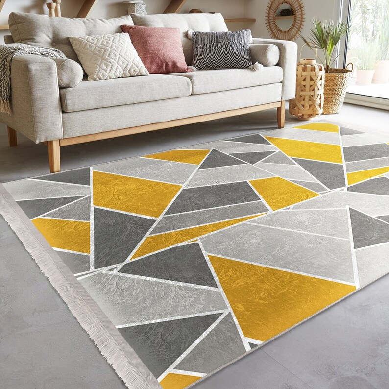 Gray & Yellow Area Rug, Modern Non Slip Rug, Geometric Style Carpet