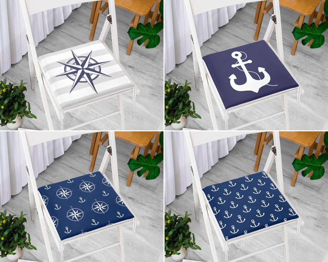 Navy Blue Compass Garden Chair Cushion With Ties, Anchor Outdoor Seat