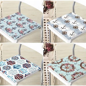 Anchor Pattern Outdoor Chair Cushion, Nautical Garden Seat Pads, Ship Wheel Chair Pad, Blue Furniture Accessory, Striped Dining Chair Cover