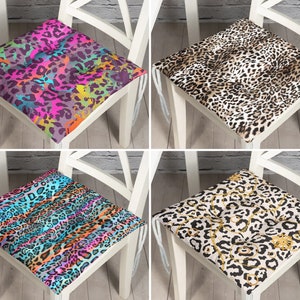 Leopard Inspired Cushion Pads, Safari Kitchen Chair Pad with Ties, Outdoor Seat Cushions, Exotic Seat Pads, Wild Chair Cushion, Elegant Deco