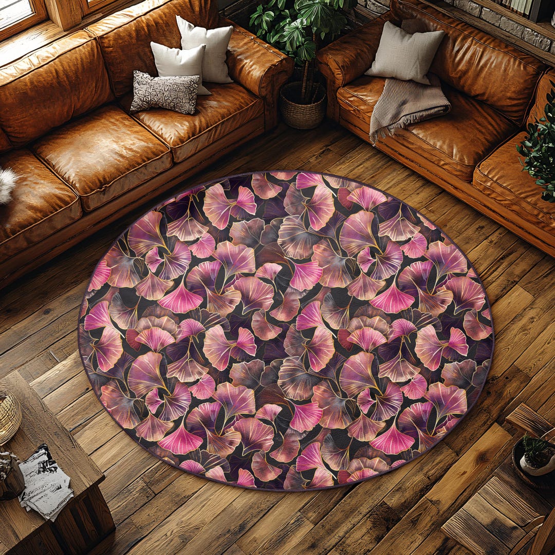 Pink Gold Ginkgo Rug: Soft Velvet Circle With Leaf Pattern - Etsy