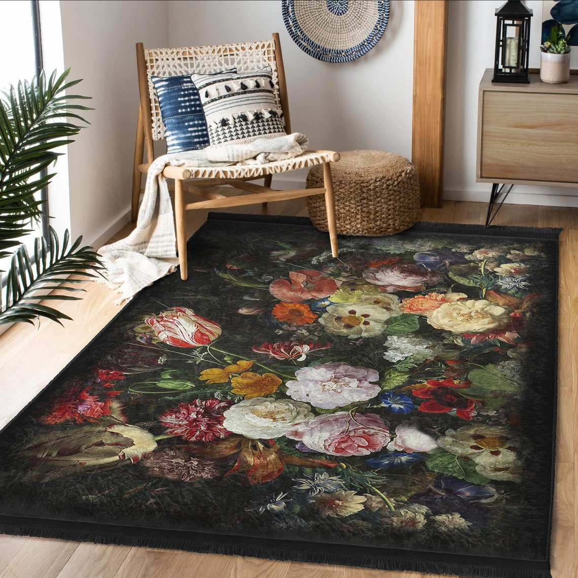 Black Rug With Flower, Pink Roses Non Slip Carpet, Stylish Washable ...