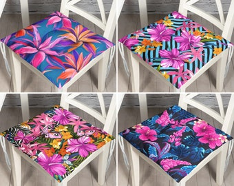 Cojín para silla: Cojín acolchado con estampado floral - Diseño tropical rosa y naranja