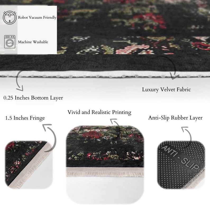 Alfombra floral de pasillo: terciopelo negro con flecos, base antideslizante imagen 8
