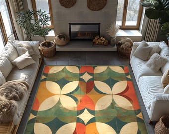 Mid Century Area Rug: Retro Geometric Design, Washable & Pet Friendly