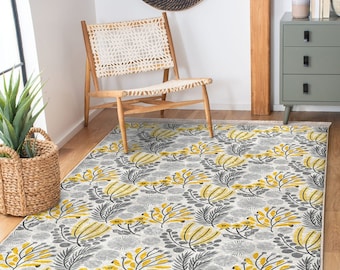 Yellow & Gray Area Rug, Abstract Non-Slip Carpet, Floral and Leaves Bedroom Rug, Modern Dining Room Rug, Washable Fringed Kitchen Rug